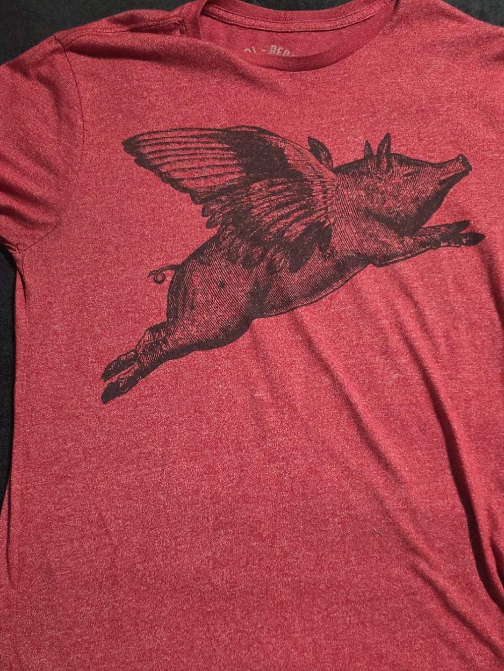 Men's Red Graphic Crewneck T-Shirt with Flying Pig Design